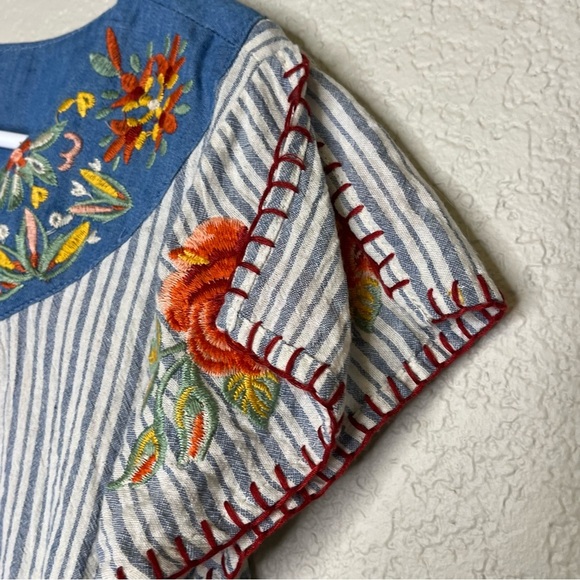 THML Anthropologie Floral Embroidered White Blue Striped Women's Top Size Small - Picture 6 of 10